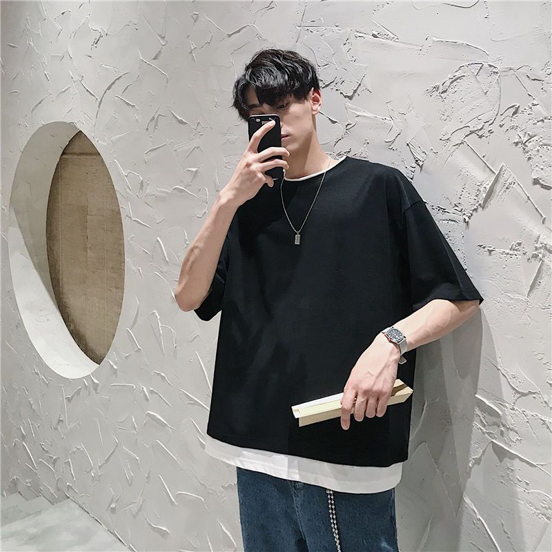 Summer fake two-piece short-sleeved t-shirt men's splicing round neck ins tide brand Hong Kong style loose and versatile trendy five-quarter sleeve top