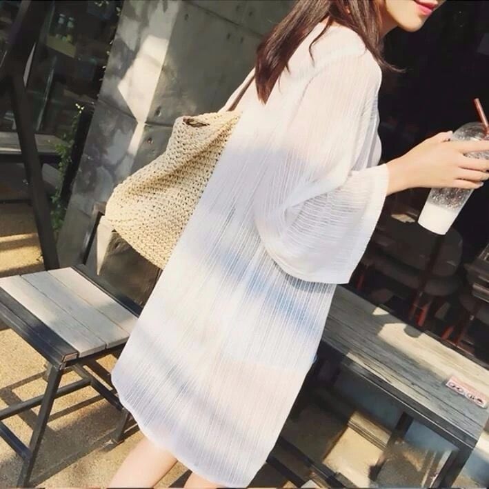 Summer seaside beach wear thin chiffon sunscreen shirt mid-length super fairy sunscreen cardigan shawl coat