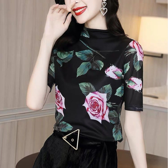 半高領t恤女短袖2021新款秋裝薄款時尚印花半袖百搭網紗打底衫女