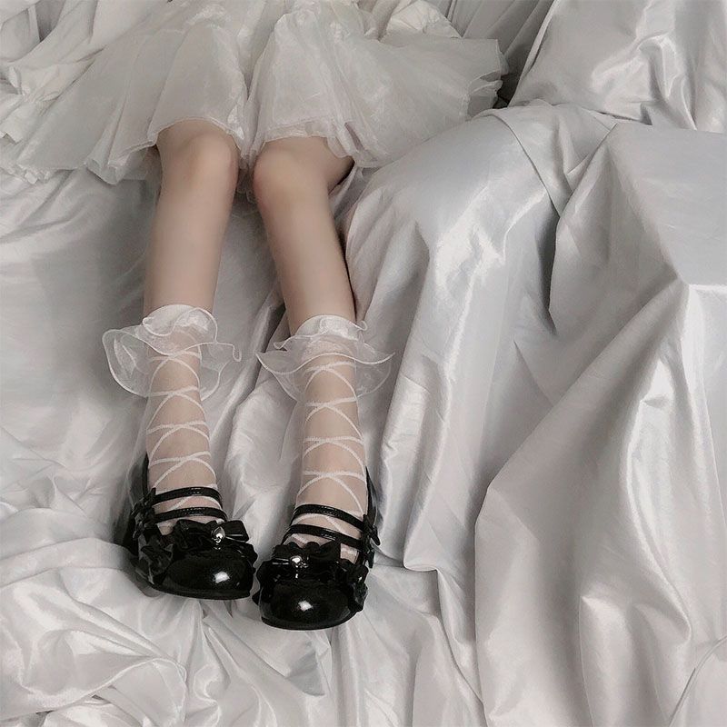 日系软妹甜美Lolita绑带花边玻璃丝薄款春夏季洛丽塔中筒袜子女