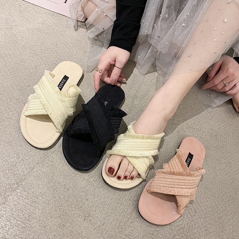 鞋拖女外穿網紅爆款2021新款涼拖交叉流蘇平底拖防滑夏季孕婦拖鞋