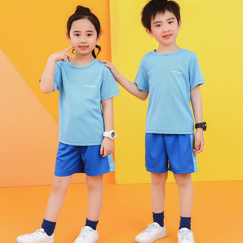 兒童運動套裝夏薄款童裝男童速干藍球服女童短袖兩件套學生訓練衣