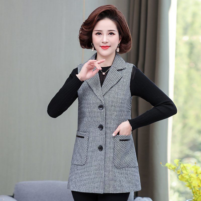 Plaid vest ladies mid-length single-breasted spring and autumn coat middle-aged mother's vest waistcoat sleeveless top coat