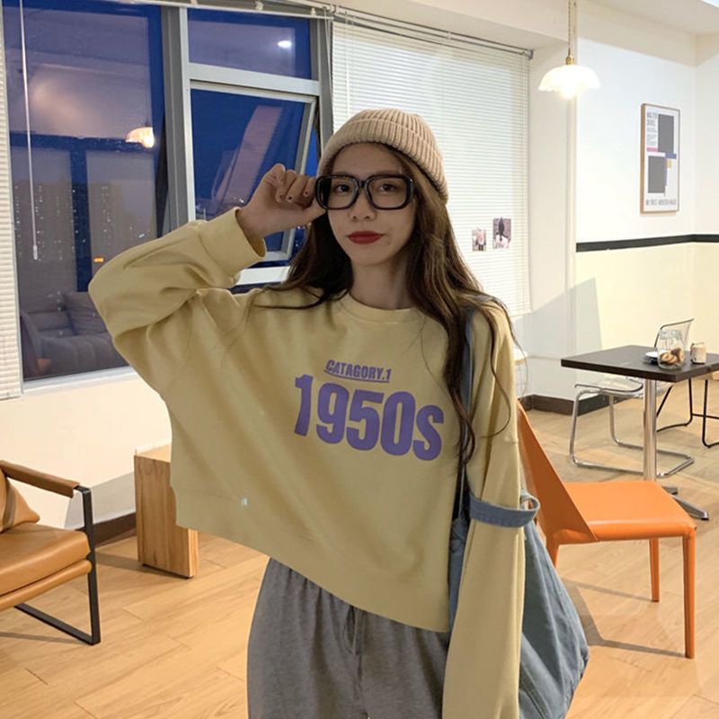 Navel-baring short round-neck sweatshirt for female students Korean style loose thin spring and autumn new college style long-sleeved tops