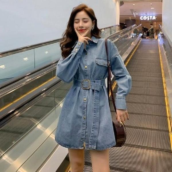 2021春秋新款韩版长袖收腰显瘦系带牛仔衬衫连衣裙外套裙女ins潮