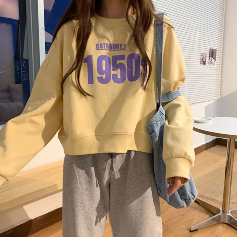 Navel-baring short round-neck sweatshirt for female students Korean style loose thin spring and autumn new college style long-sleeved tops