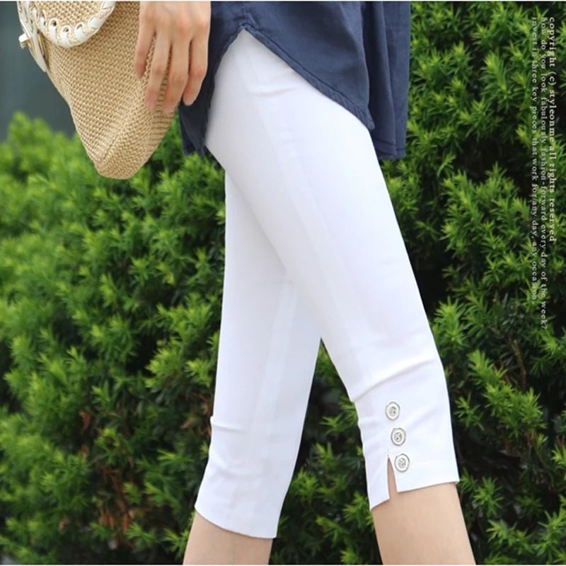 Summer new high waist white Capris women's summer large fat mm middle pants women's elastic thin bottomed women's pants