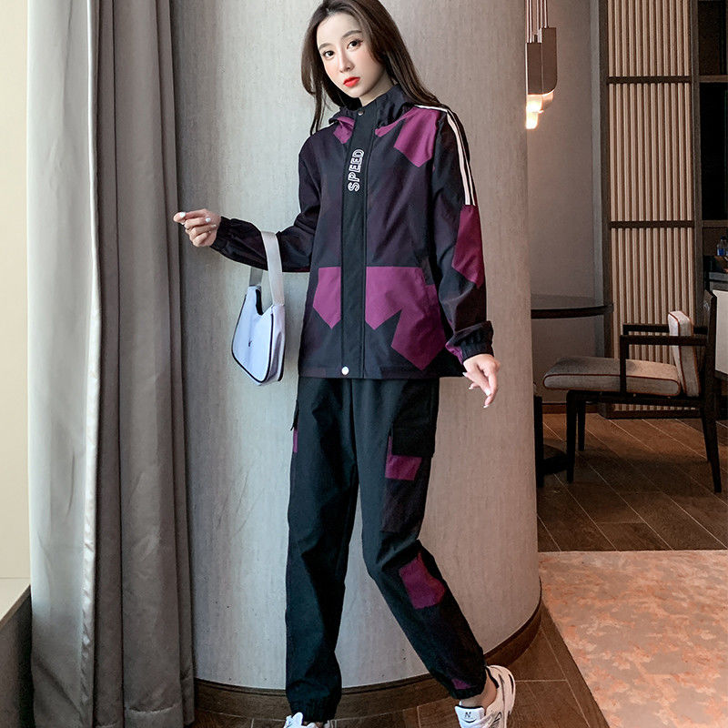 Purple Camouflagespring Athletic Wear suit female 2021 new pattern Chaopai fashion camouflage easy leisure time Sweater Two piece set student