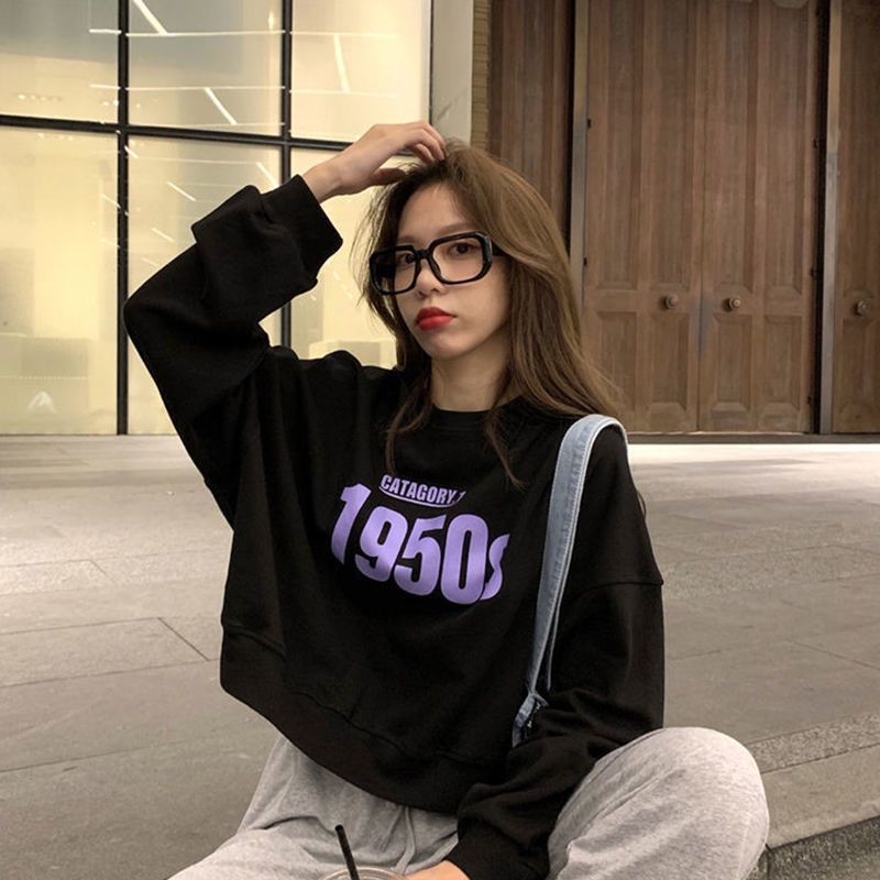 Navel-baring short round-neck sweatshirt for female students Korean style loose thin spring and autumn new college style long-sleeved tops