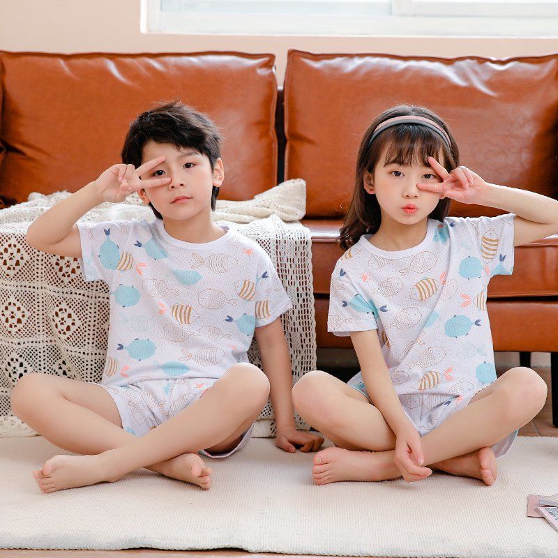 新款儿童短袖套装纯棉夏季男童女童装空调服家居服睡衣半袖两件套