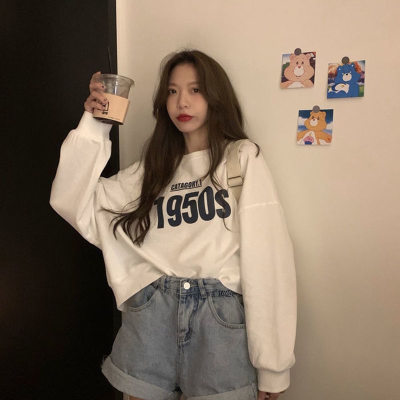 Navel-baring short round-neck sweatshirt for female students Korean style loose thin spring and autumn new college style long-sleeved tops