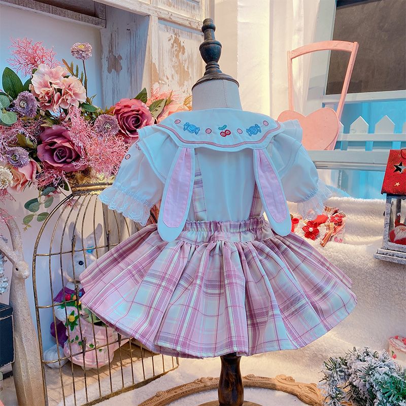 Girls JK uniform suit summer children's foreign style plaid tutu skirt foreign style princess pleated skirt powder fried fart skirt straps