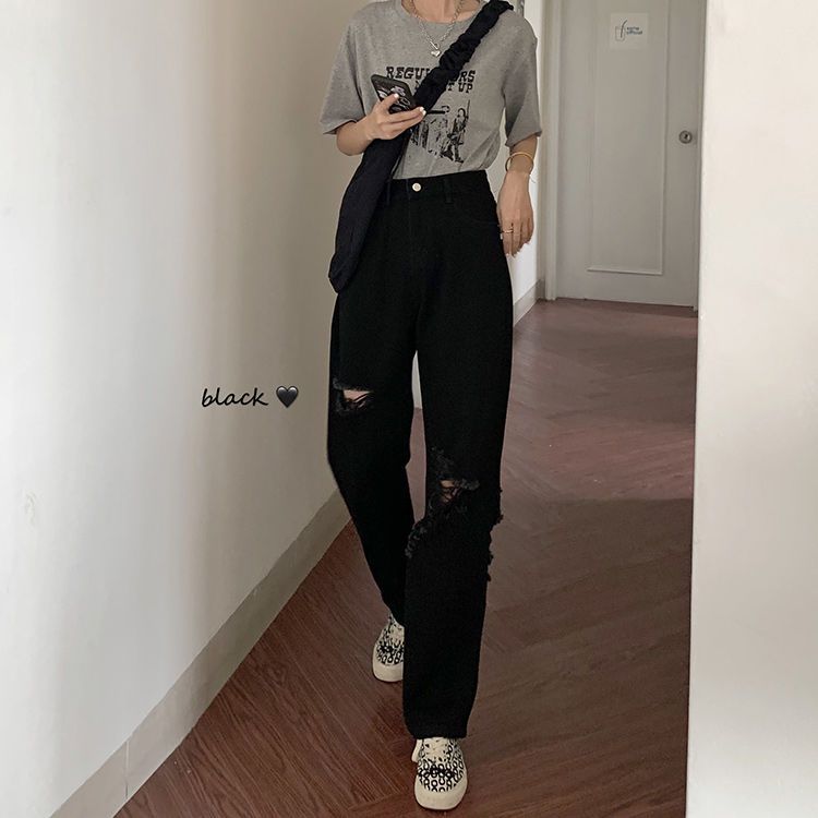 破洞牛仔褲年新款夏季女裝褲子高腰直筒褲寬鬆卷邊黑色長褲潮