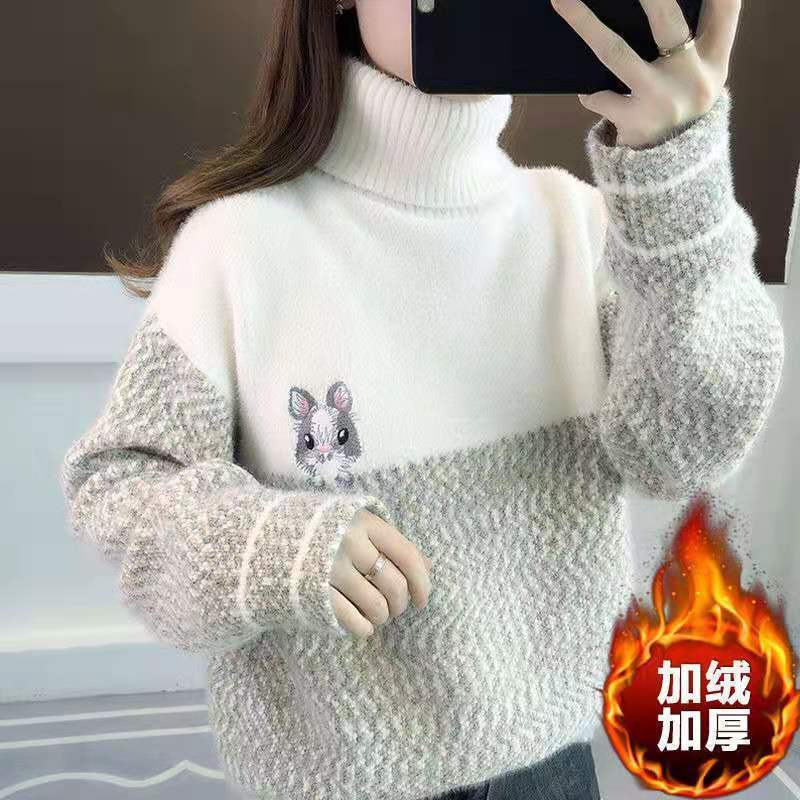 加絨高檔2023秋冬新款小貓刺繡寬鬆加絨衫顯瘦洋氣慵懶風高領毛衣