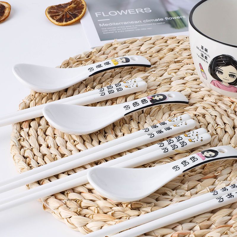 Household parent-child ceramic soup spoon soup spoon a family of four creative cartoon household adult children eating spoon