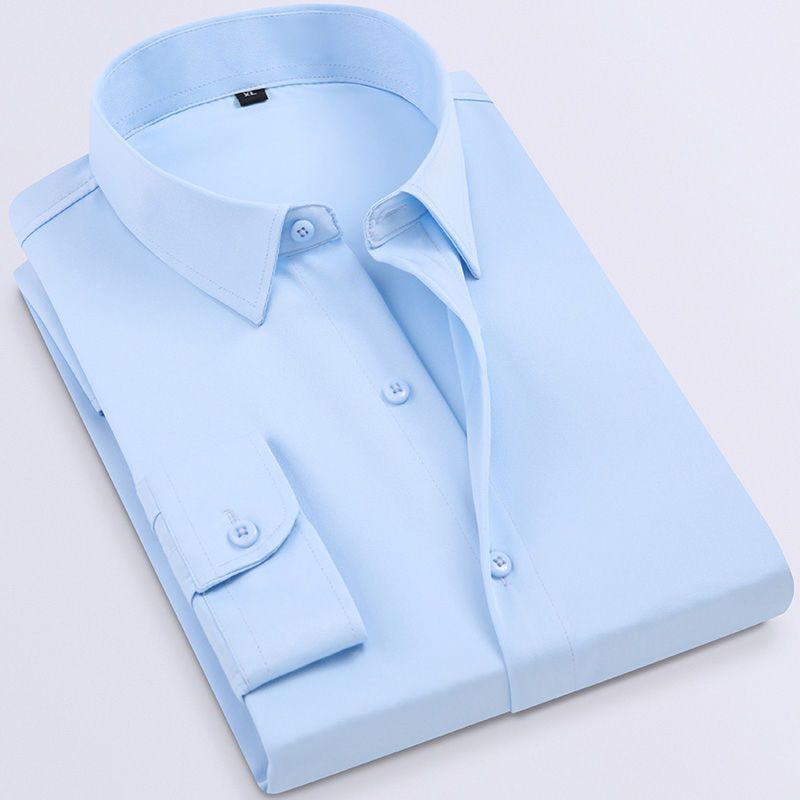 新款夏季男士纯色长袖浅蓝色衬衫休闲男装潮流帅气衬衣上衣服