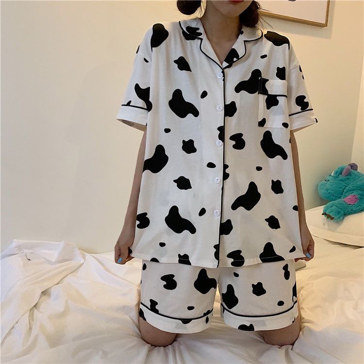 2022可愛奶牛睡衣女夏短袖短褲韓版寬鬆休閒ins學生家居服兩件套