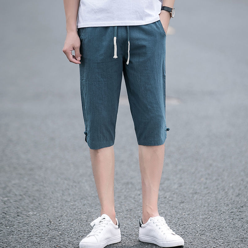 Brand authentic summer men's cropped pants Chinese style shorts hemp youth retro loose Hanfu Chinese style ancient style buckle