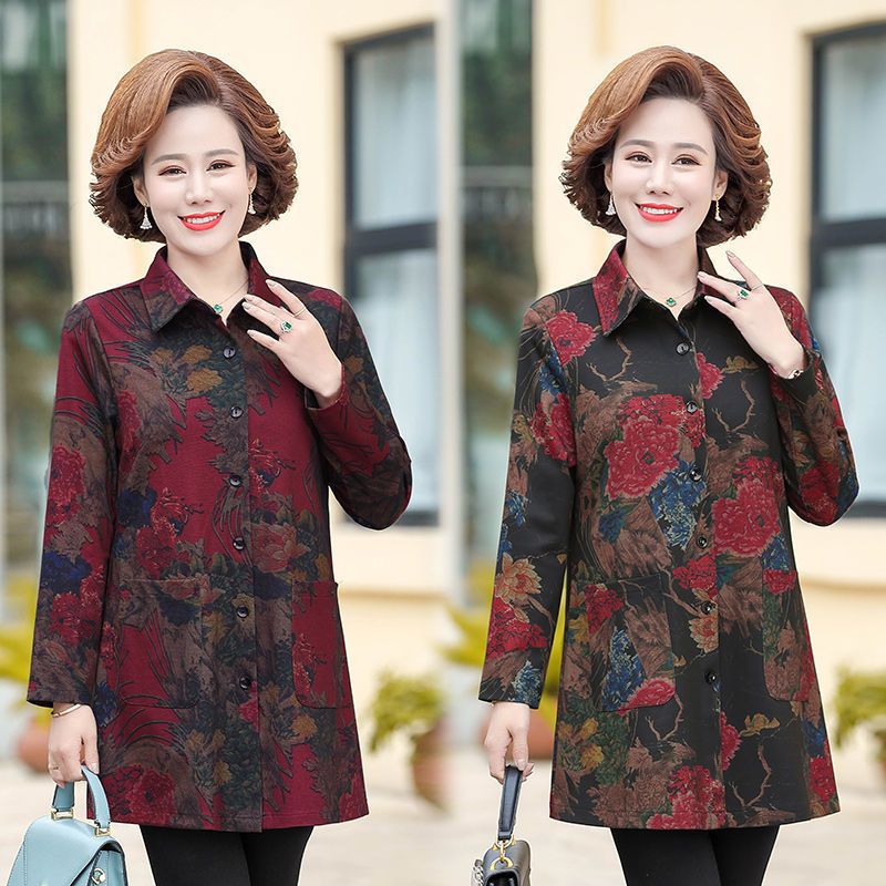 New mother's clothing middle-aged shirt jacket women's mid-length loose shirt middle-aged and elderly women's clothing spring and autumn foreign style windbreaker