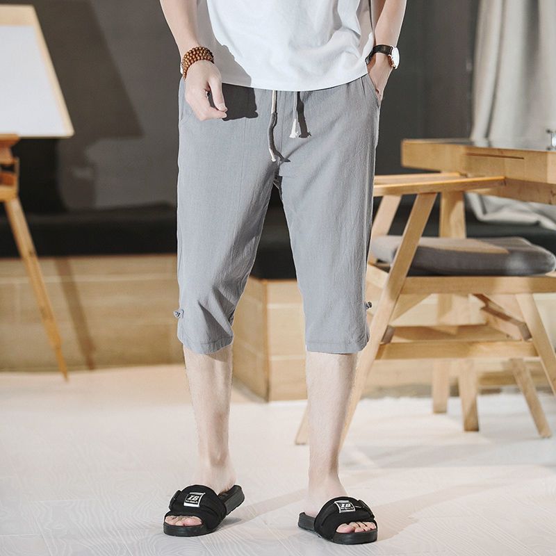 Brand authentic summer men's cropped pants Chinese style shorts hemp youth retro loose Hanfu Chinese style ancient style buckle