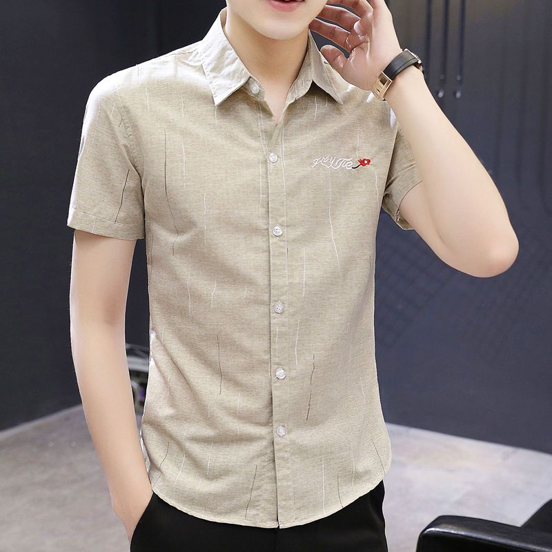 男士短袖衬衫夏季新款韩版潮流绣花衬衣青年休闲男装寸衫薄款上衣