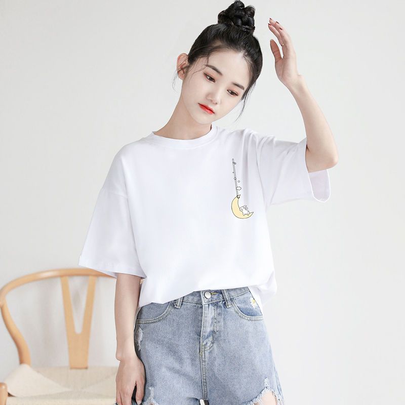 Short-sleeved T-shirt women's white loose large size half-sleeved 2023 new summer cartoon simple all-match bottoming shirt trendy T