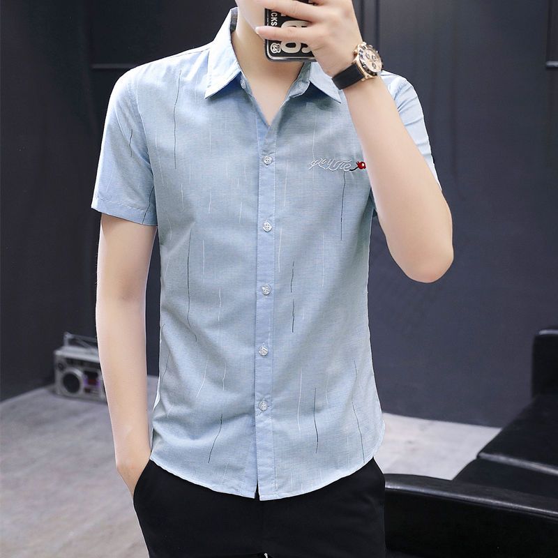 男士短袖衬衫夏季新款韩版潮流绣花衬衣青年休闲男装寸衫薄款上衣