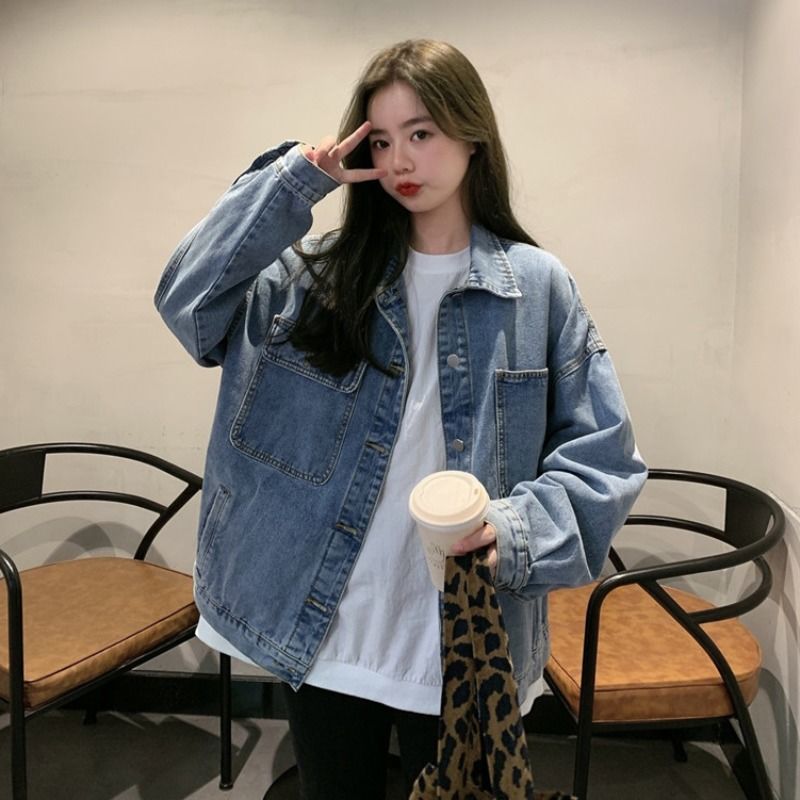 Denim jacket female loose Korean version autumn and winter all-match 2021 new spring and autumn bf style tooling denim clothes trendy ins
