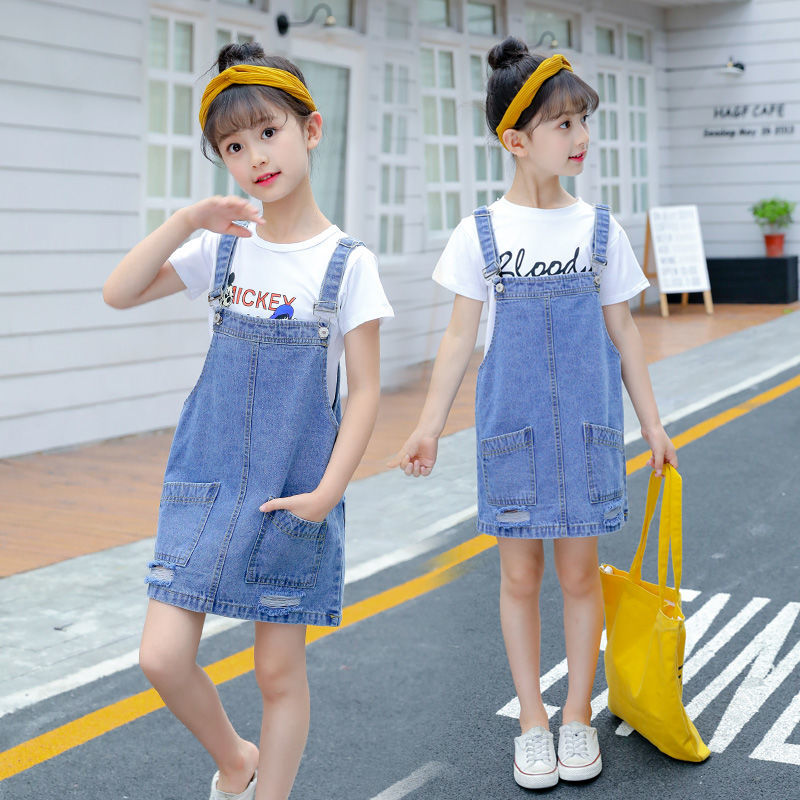 女童牛仔背帶裙連衣裙2023新款洋氣時尚春夏女孩中小童牛仔吊帶裙