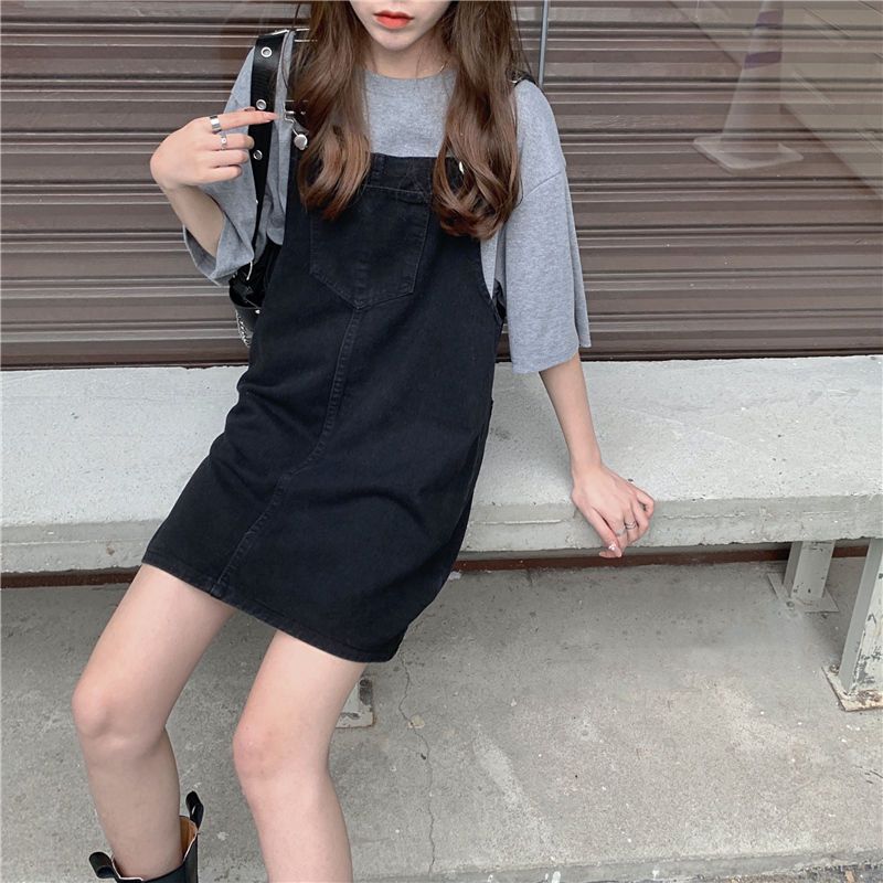 年夏季新款小眾法式連衣裙學生減齡百搭顯瘦短裙牛仔背帶裙女