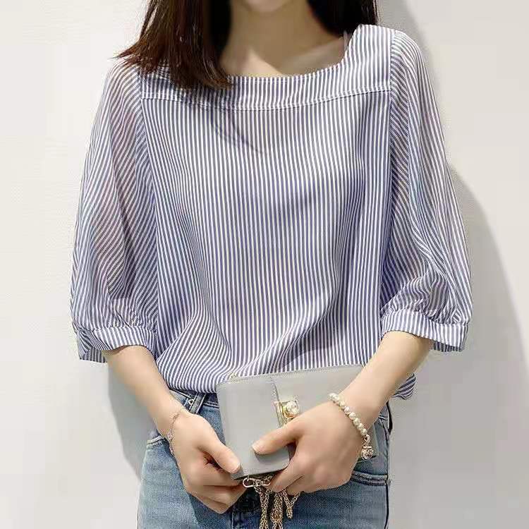 條紋雪紡襯衫女裝夏裝2021年新款春季打底衫時尚洋氣無袖上衣氣質