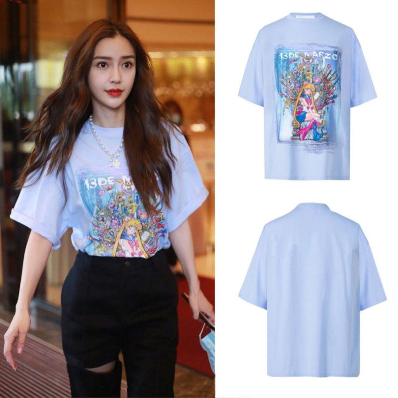 Pure cotton summer baby Yang Ying Zhao Lusi star same style beautiful girl loose blue short-sleeved T-shirt female 21 new