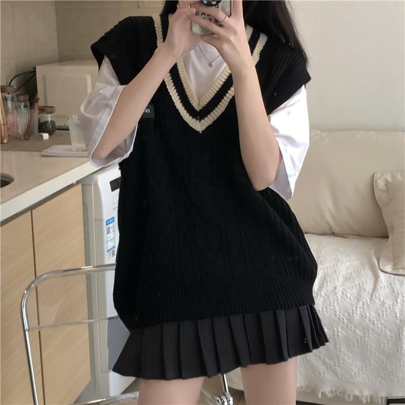 Three-piece suit/single-piece spring and autumn college style color matching loose age-reducing layered sweater vest shirt pleated skirt