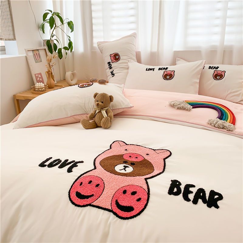  New Washed Cotton Towel Embroidered Four-piece Set Korean Girl Heart Bed Single Simple Three-piece Set Bedding
