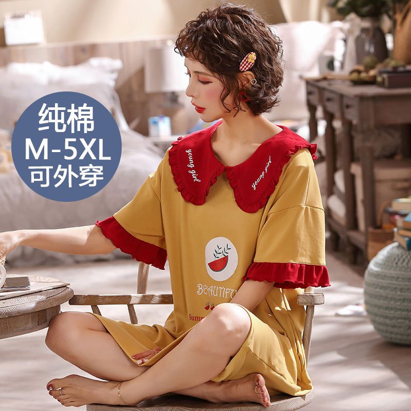 100% cotton nightdress women's summer short-sleeved loose Korean version cute home service large size 200 catties thin section can be worn outside