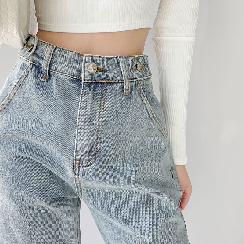 Vintage distressed love patch jeans women  spring and autumn loose thin straight pants high waist thin wide leg pants