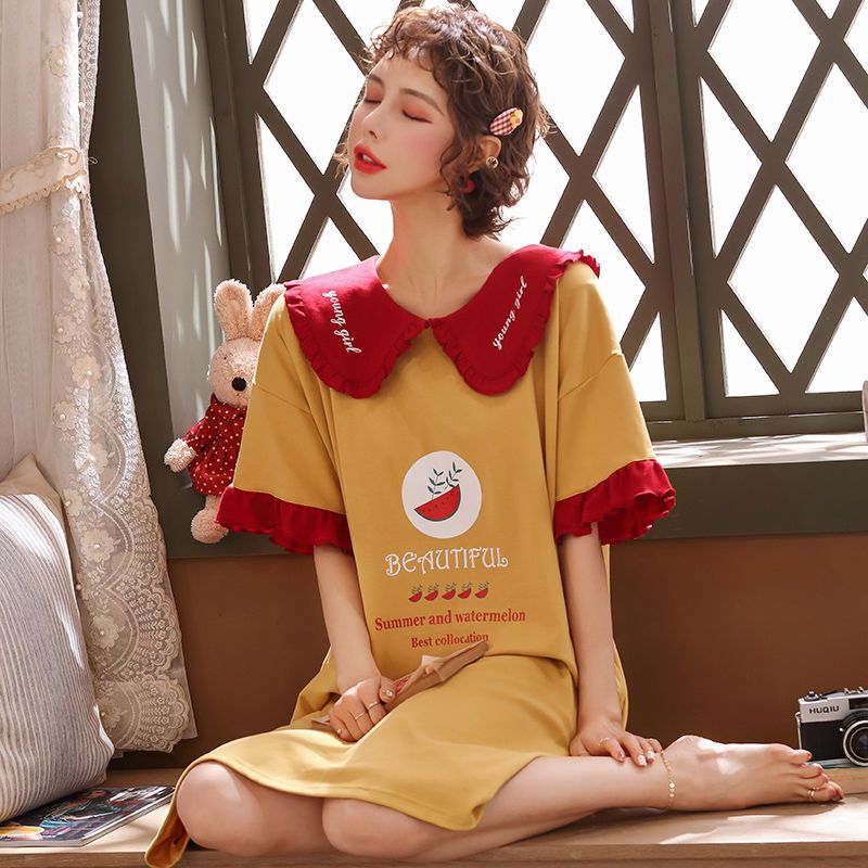 100% cotton nightdress women's summer short-sleeved loose Korean version cute home service large size 200 catties thin section can be worn outside