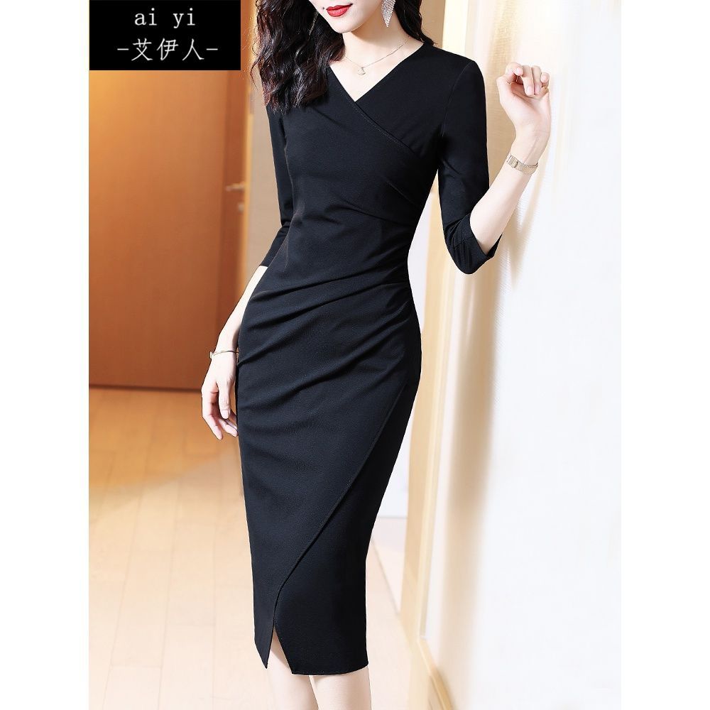 Black hip wrap dress 2022 early spring new feminine waist waist temperament v-neck slim lace long skirt