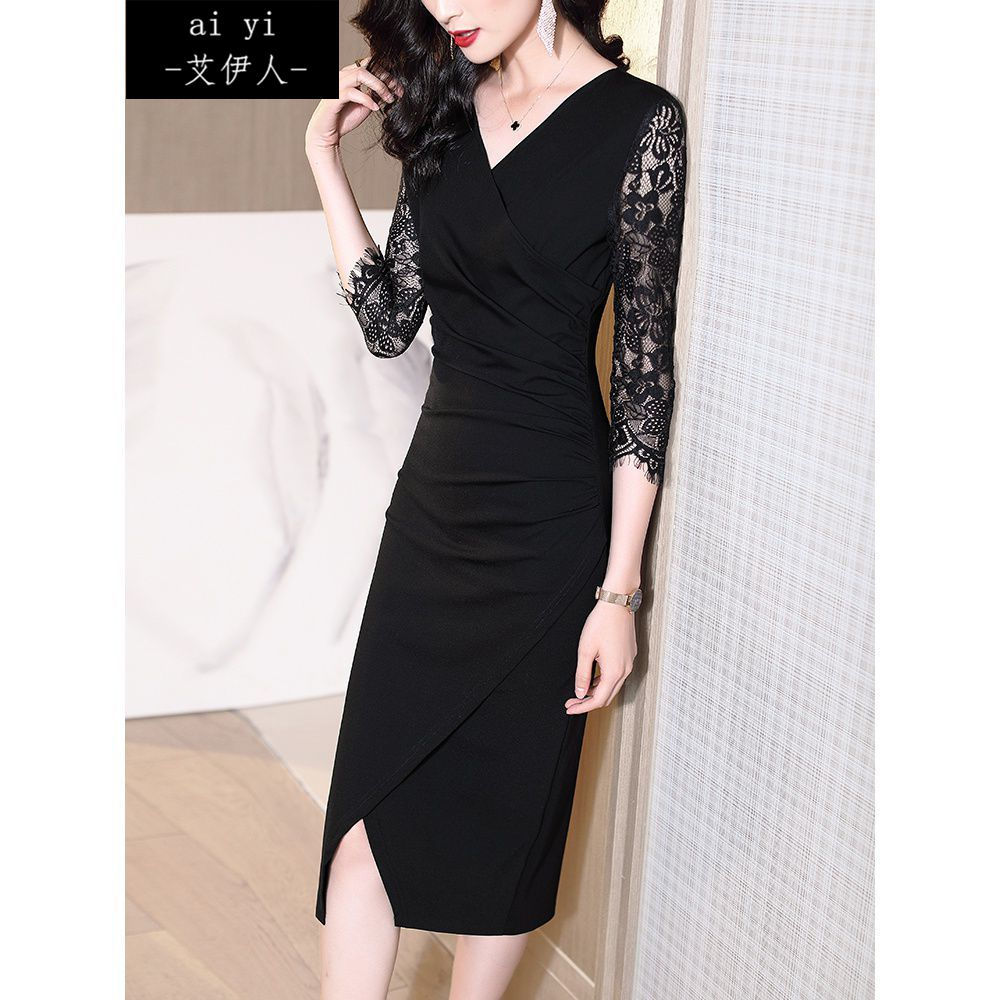 Black hip wrap dress 2022 early spring new feminine waist waist temperament v-neck slim lace long skirt