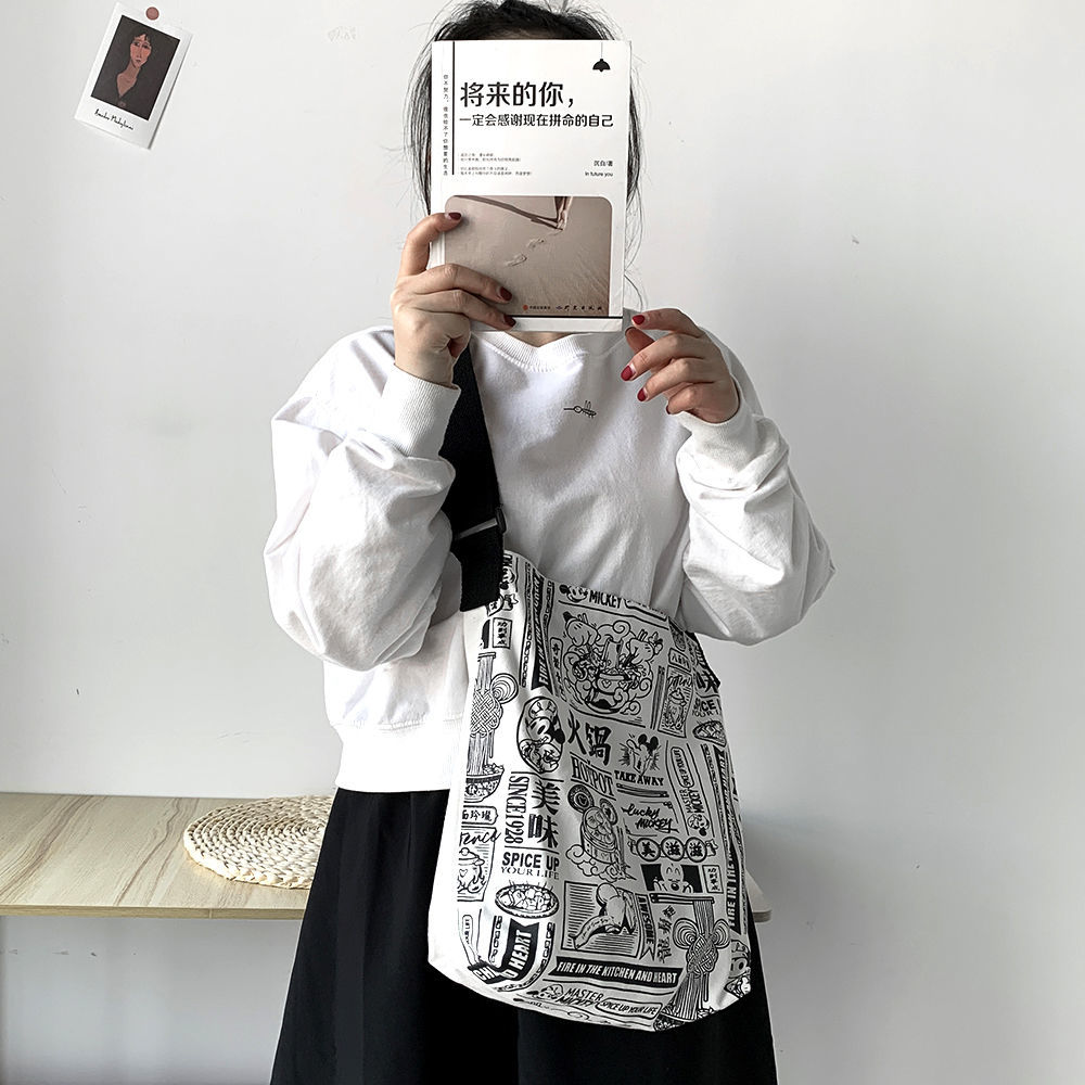 帆布包女單肩文藝簡約百搭韓版ins學生大容量小清新印花帆布袋子