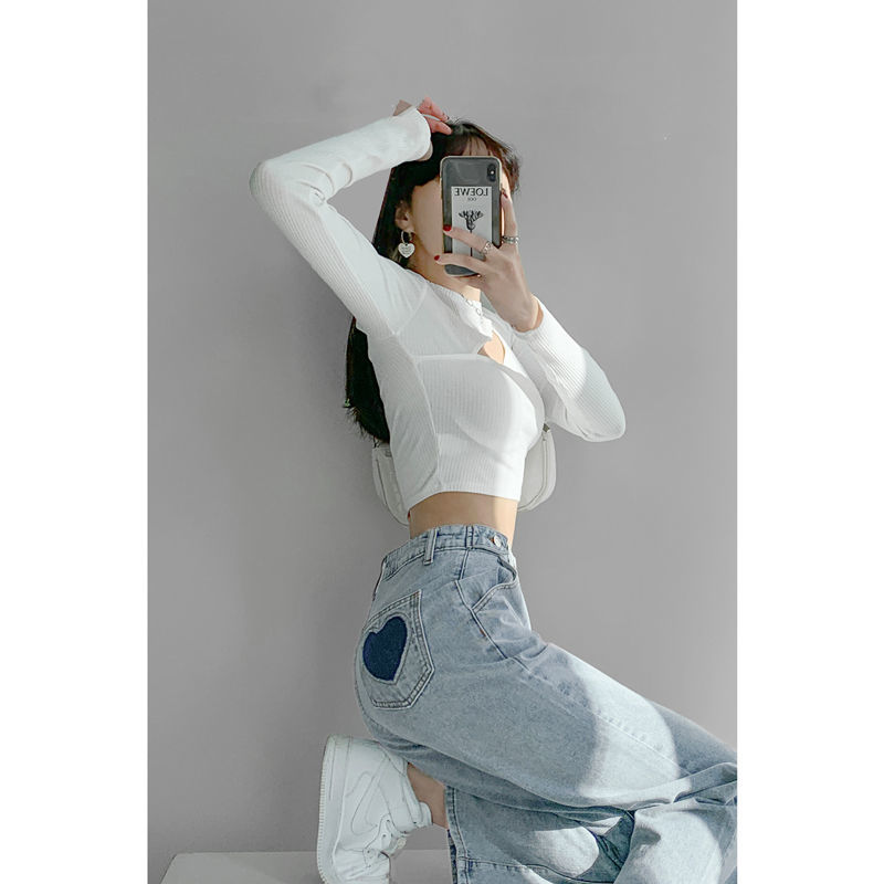 Vintage distressed love patch jeans women  spring and autumn loose thin straight pants high waist thin wide leg pants