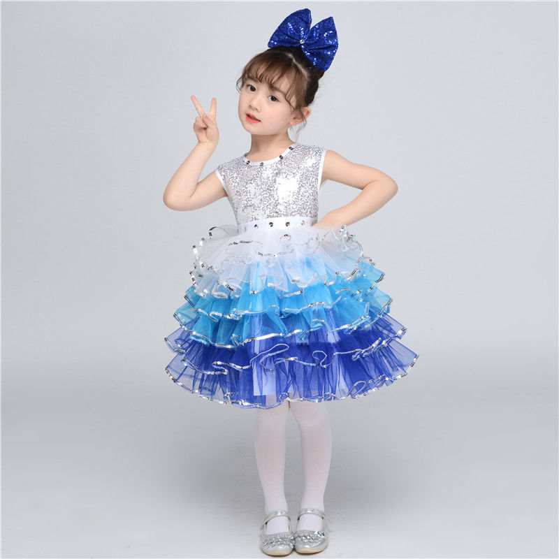 六一兒童演出服幼兒園漸變蓬蓬裙女童連體亮片紗裙現代舞蹈蛋糕裙