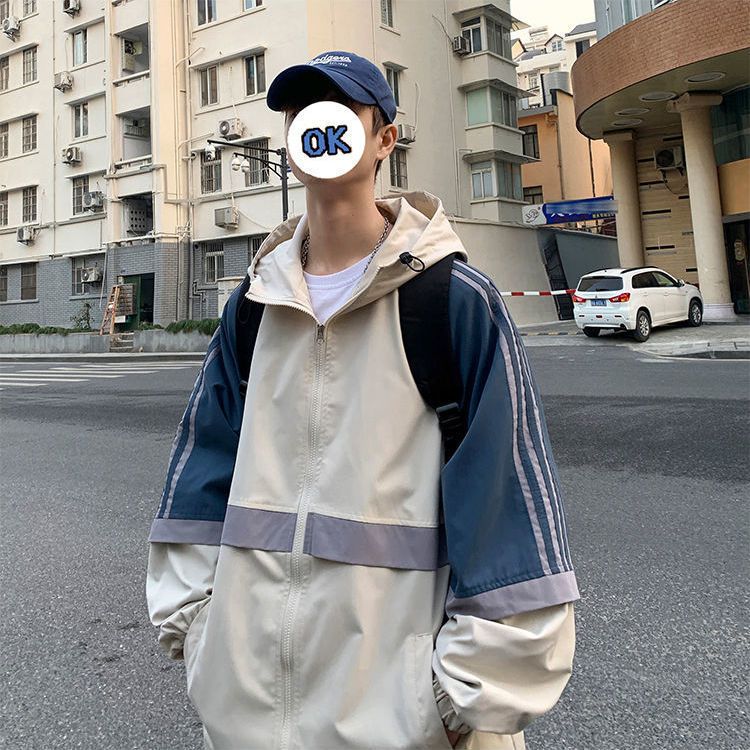 2023 spring and autumn new Hong Kong style hooded jacket for men and women Korean version of ins color matching loose student casual all-match jacket