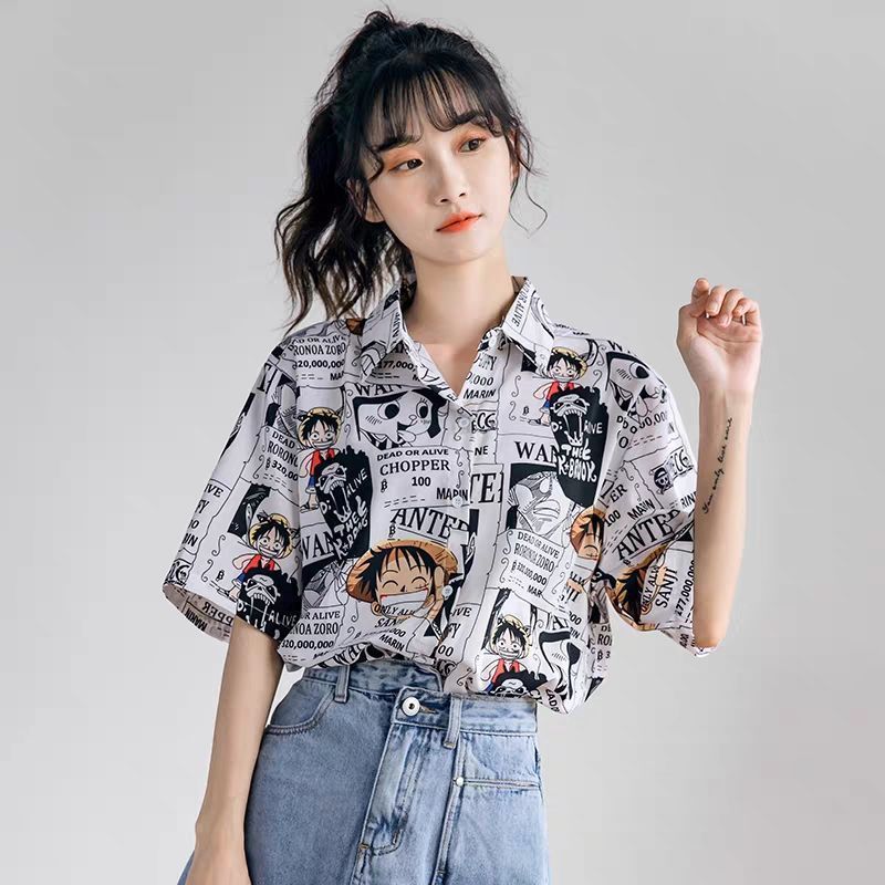 短袖日系海賊王動漫印花襯衫女情侶寬鬆百搭外穿女襯衣薄款女上衣