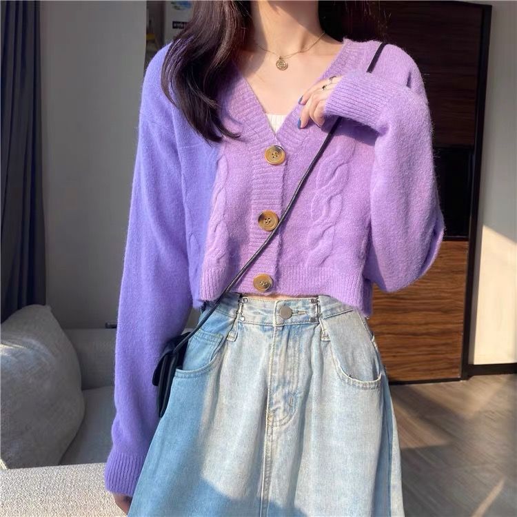 v领紫色短款开衫毛衣外套女年新款设计感小众针织衫上衣外穿