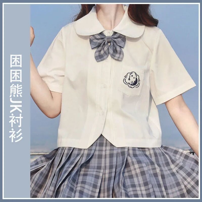 娃娃領襯衫JK制服上衣角襟白襯衫困困熊日系軟妹學院風短袖百搭女