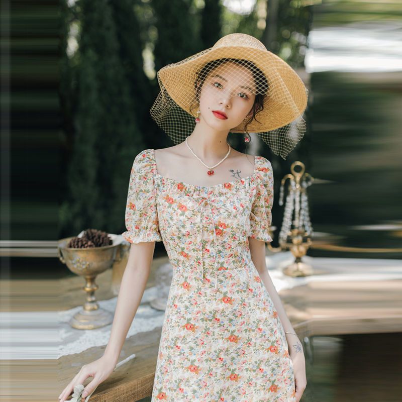 37860-复古法式方领雪纺短袖蝴蝶结系带碎花仙女连衣裙2021新款收腰显瘦-详情图