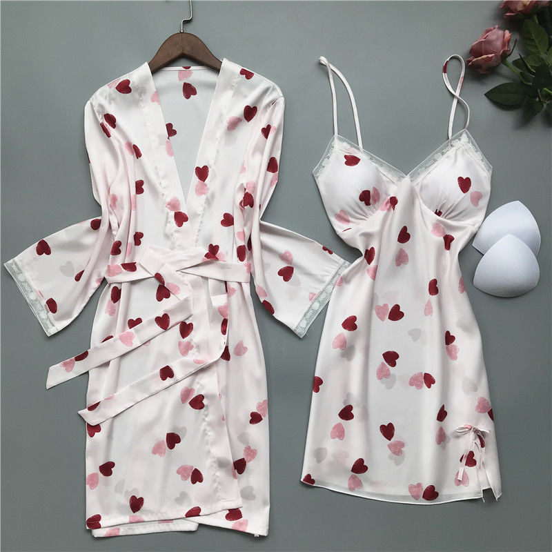 Pajamas women's summer ice silk sexy suspender nightdress two-piece set with chest pad thin love sweet short skirt can be worn outside