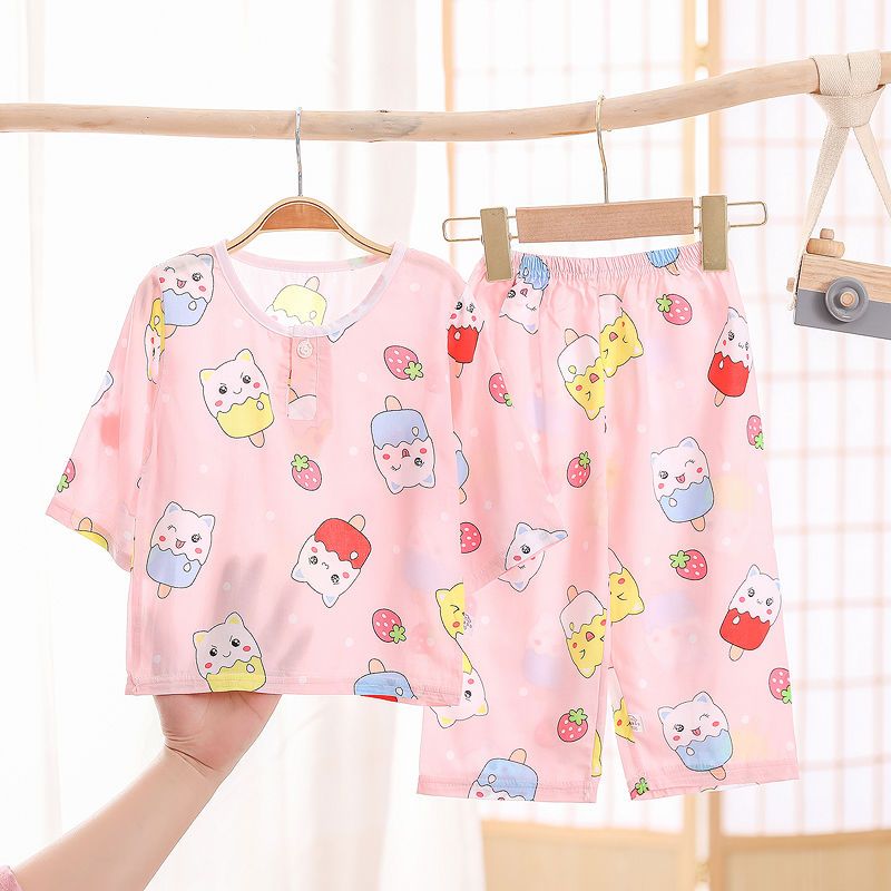 Summer children's cotton silk pajamas boys and girls baby cotton silk long-sleeved summer thin section air-conditioning clothing home service suit