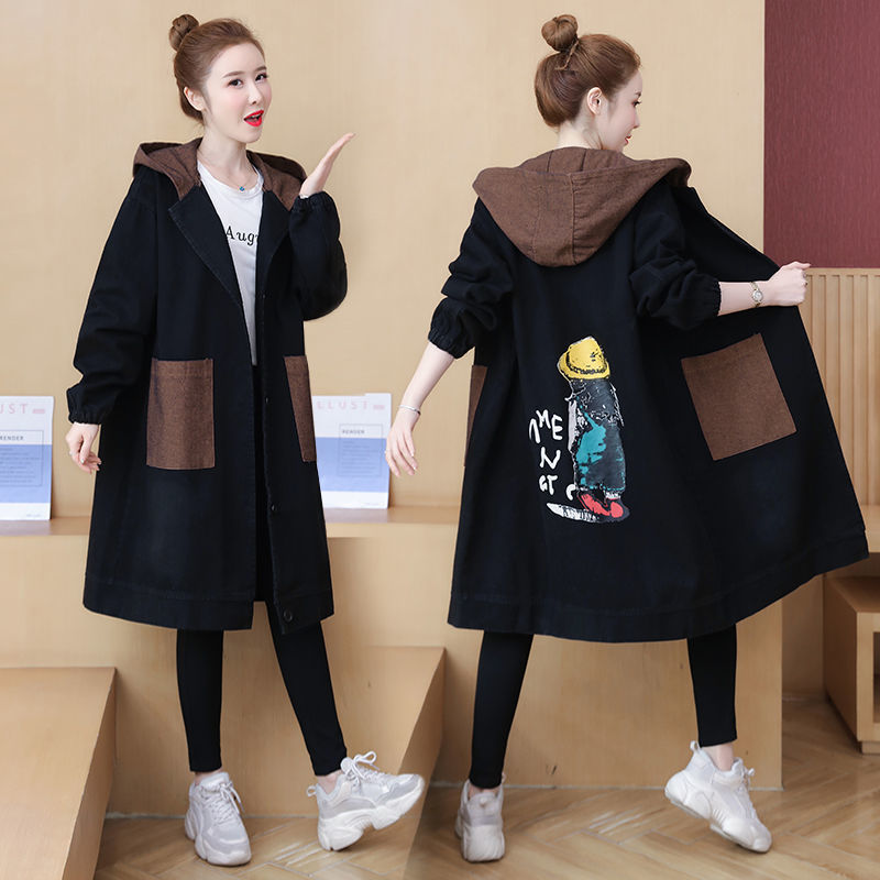 Spring and autumn mid-length large size denim jacket women's Korean style fashion fat mm hooded printing long-sleeved loose all-match windbreaker